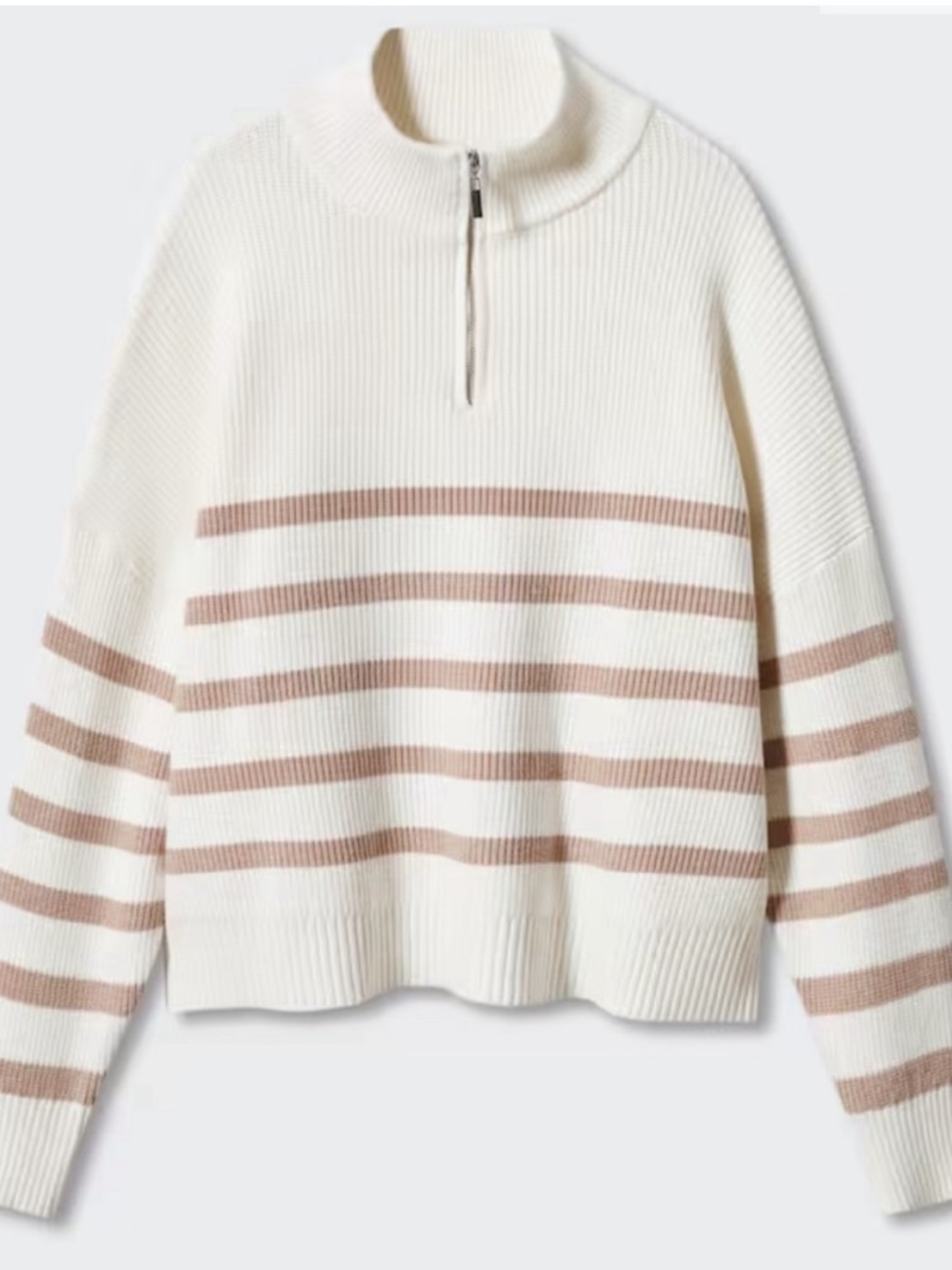 Mango Cream Half-Zip Sweater with Tan Stripe Detail